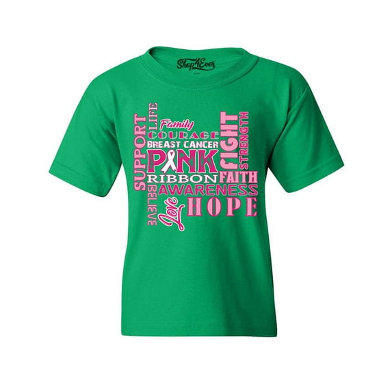 Shop4Ever Kids Breast Cancer Support Fight Ribbon Awareness Graphic Child's Youth T-Shirt Medium Irish Green