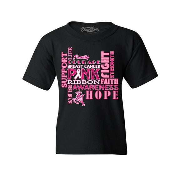 Shop4Ever Kids Breast Cancer Support Fight Ribbon Awareness Graphic Child's Youth T-Shirt X-Small Black