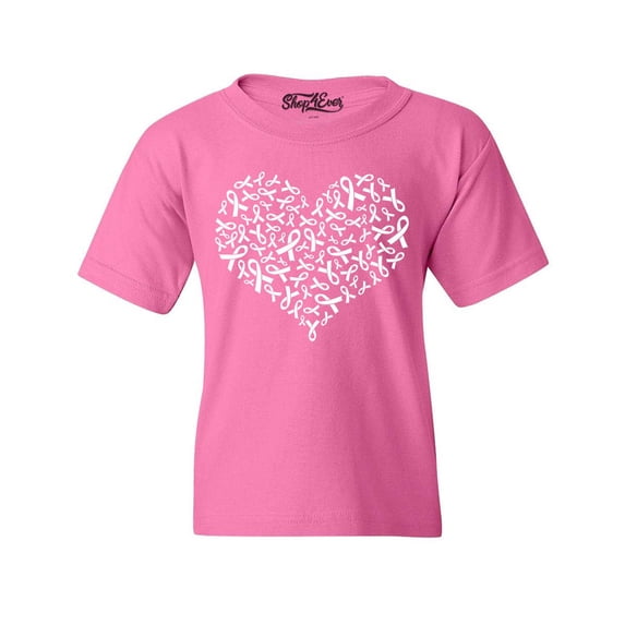 Shop4Ever Kids Breast Cancer White Ribbon Montage Heart Graphic Child's Youth T-Shirt Small Azalea Pink
