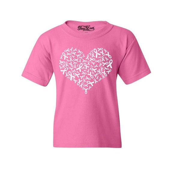 Shop4Ever Kids Breast Cancer White Ribbon Montage Heart Graphic Child's Youth T-Shirt X-Small Azalea Pink