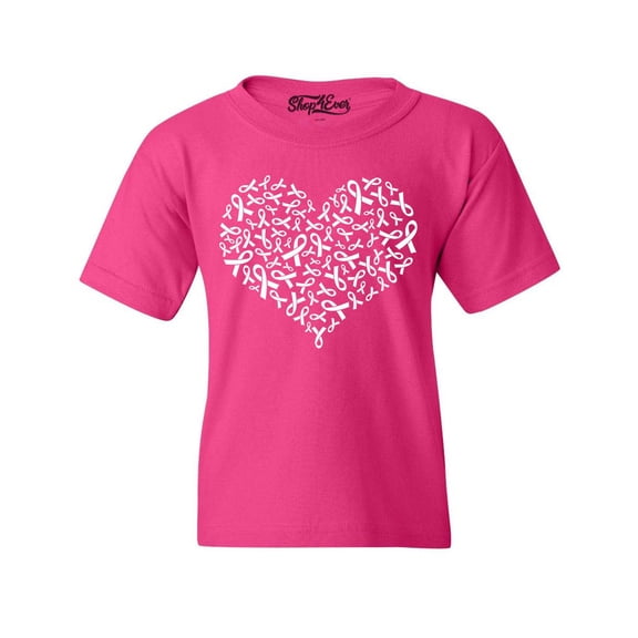 Shop4Ever Kids Breast Cancer White Ribbon Montage Heart Graphic Child's Youth T-Shirt X-Small Heliconia Pink