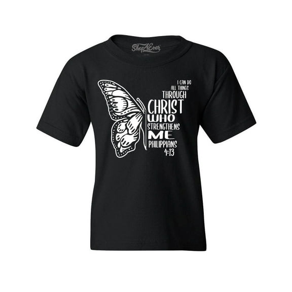 Shop4Ever Kids Butterfly Verse I Can Do All Things Through Christ Graphic Child's Youth T-Shirt Small Black