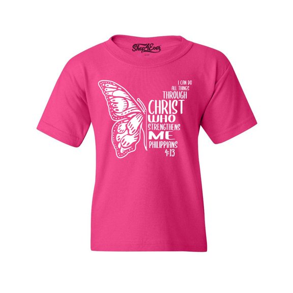 Shop4Ever Kids Butterfly Verse I Can Do All Things Through Christ Graphic Child's Youth T-Shirt Small Heliconia Pink