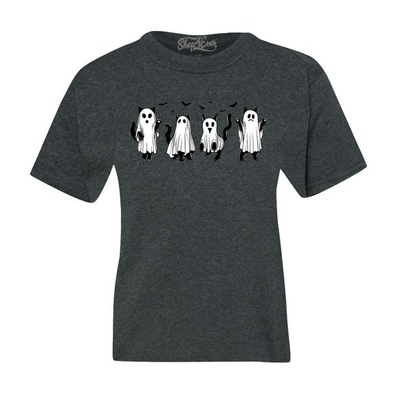 Shop4Ever Kids Cat Ghosts Halloween Graphic Child's Youth T-Shirt X-Small Dark Heather