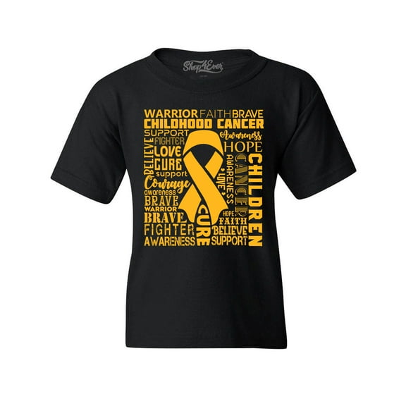 Shop4Ever Kids Childhood Cancer Awareness Gold Ribbon Word Cloud Graphic Child's Youth T-Shirt Medium Black