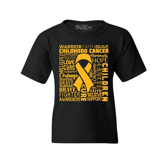 Shop4Ever Kids Childhood Cancer Awareness Gold Ribbon Word Cloud Graphic Child's Youth T-Shirt Small Black