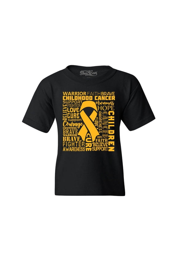 Kids Childhood Cancer Awareness Gold Ribbon Word Cloud Graphic Child's Youth T-Shirt X-Small Black