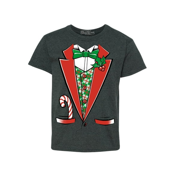 Shop4Ever Kids Christmas Tuxedo Costume with Plaid Vest Graphic Child's Youth T-Shirt Medium Dark Heather