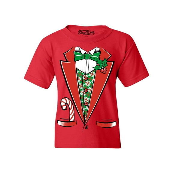 Shop4Ever Kids Christmas Tuxedo Costume with Plaid Vest Graphic Child's Youth T-Shirt Small Red