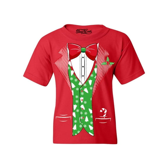 Shop4Ever Kids Christmas Tuxedo with Tree Vest Graphic Child's Youth T-Shirt Medium Red