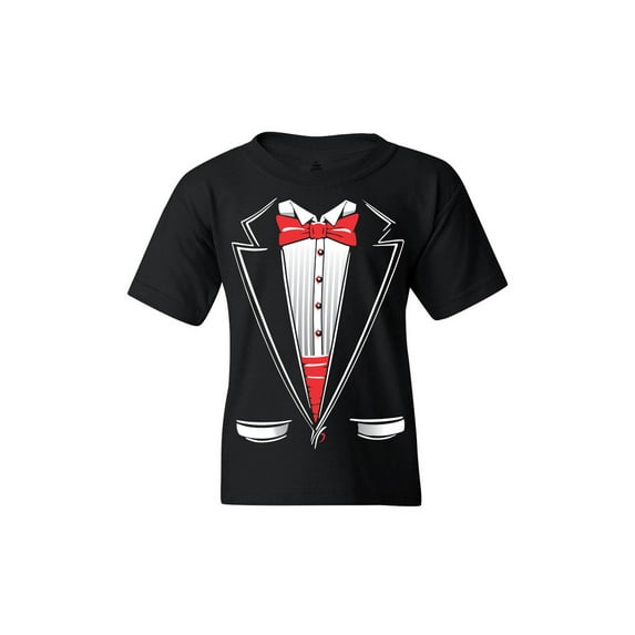 Shop4Ever Kids Classic Red Bow Tie Tuxedo Suit Party Costume Graphic Child's Youth T-Shirt Large Black