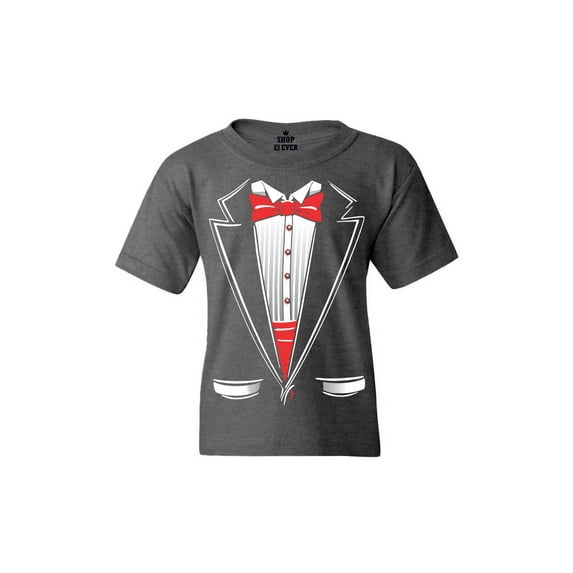 Shop4Ever Kids Classic Red Bow Tie Tuxedo Suit Party Costume Graphic Child's Youth T-Shirt Large Dark Heather