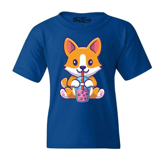 Shop4Ever Kids Cute Corgi Drinking Boba Tea Kawaii Graphic Child's Youth T-Shirt Large Royal Blue