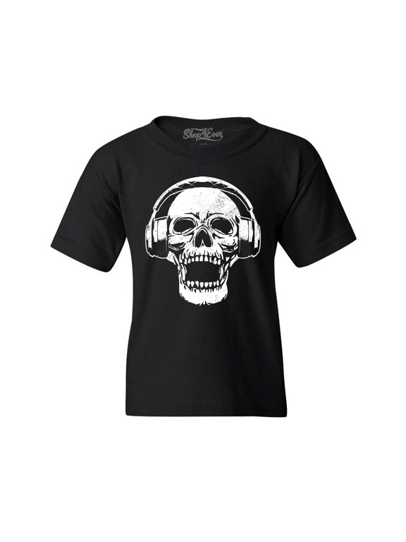 Kids DJ Skull Wearing Headphones Graphic Child's Youth T-Shirt X-Small Black