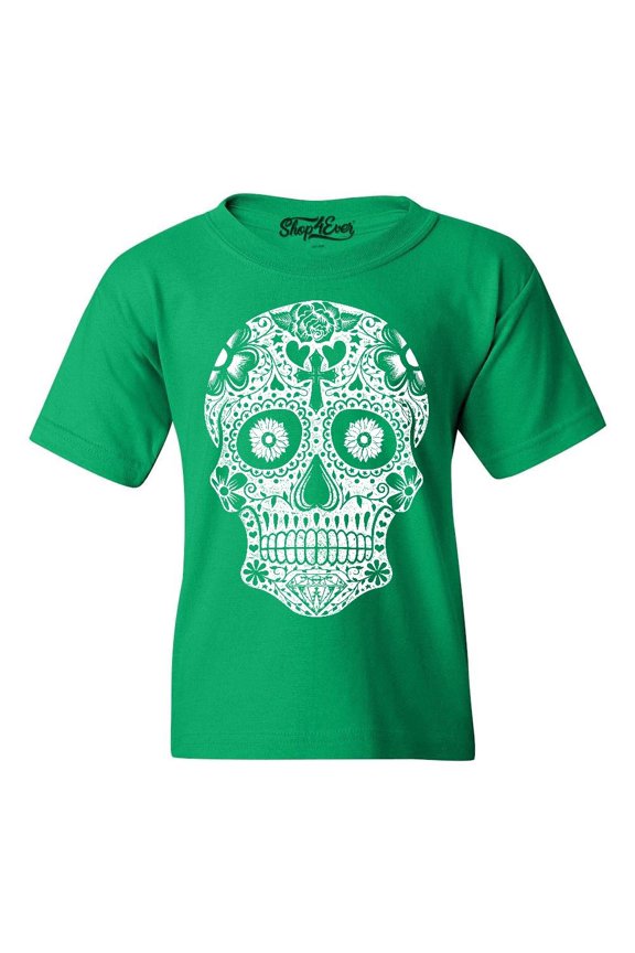 Kids Day of the Dead White Skull Graphic Child's Youth T-Shirt Large Irish Green