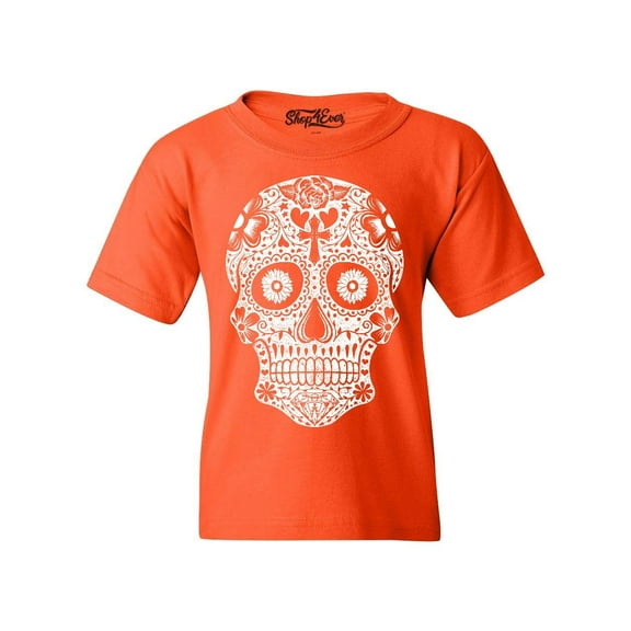 Shop4Ever Kids Day of the Dead White Skull Graphic Child's Youth T-Shirt Medium Orange