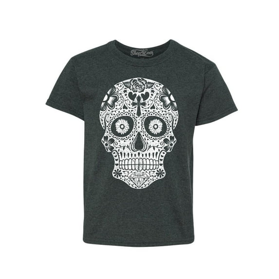 Shop4Ever Kids Day of the Dead White Skull Graphic Child's Youth T-Shirt Small Dark Heather