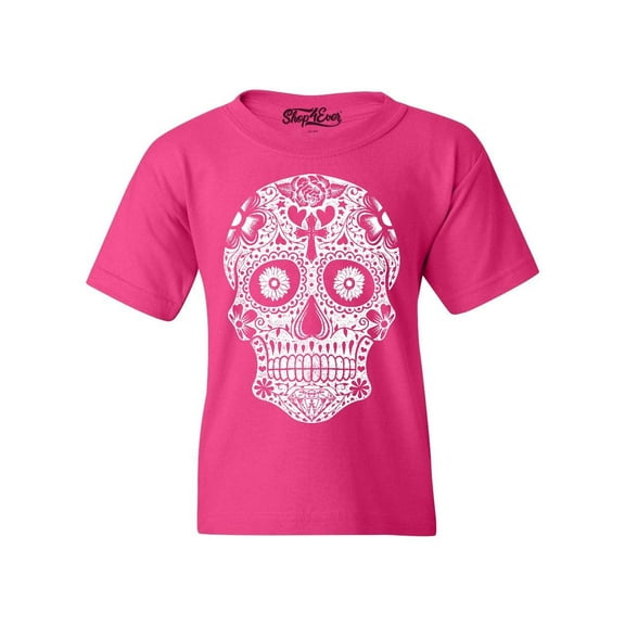 Shop4Ever Kids Day of the Dead White Skull Graphic Child's Youth T-Shirt Small Heliconia Pink