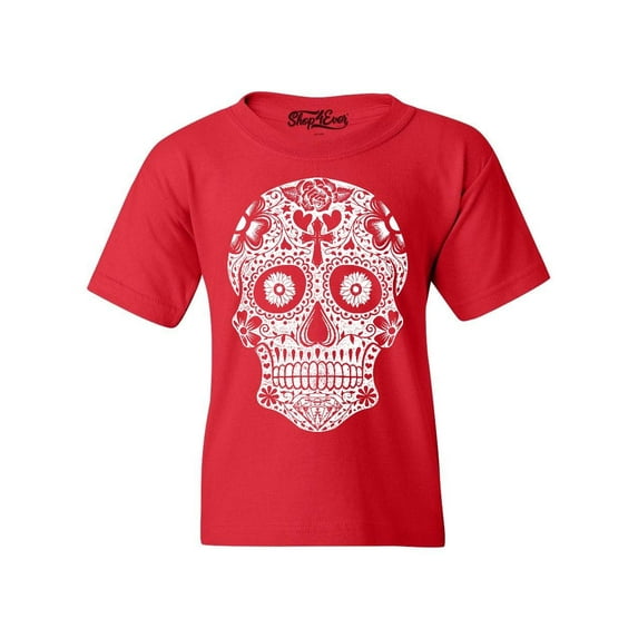 Shop4Ever Kids Day of the Dead White Skull Graphic Child's Youth T-Shirt X-Large Red