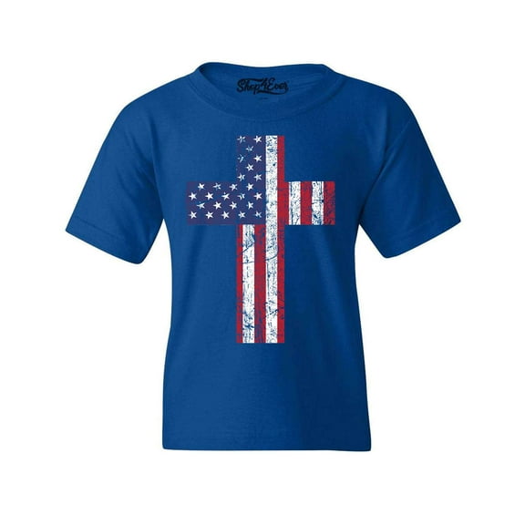 Shop4Ever Kids Distressed American Flag Cross Graphic Child's Youth T-Shirt Large Royal Blue