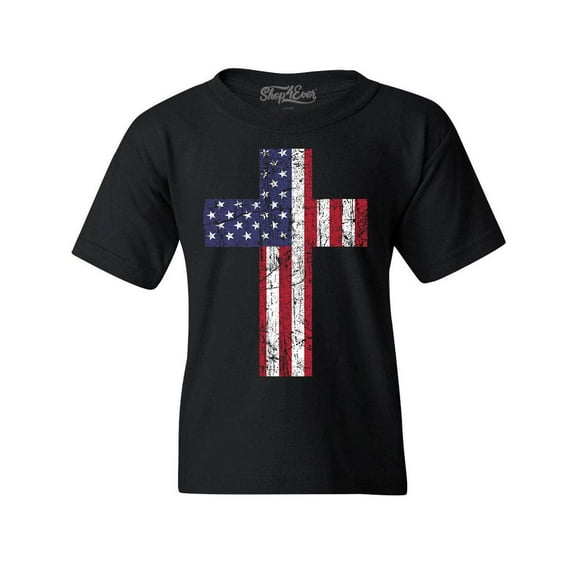 Shop4Ever Kids Distressed American Flag Cross Graphic Child's Youth T-Shirt X-Small Black
