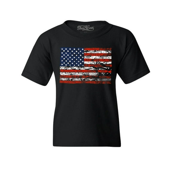 Shop4Ever Kids Distressed American Flag Horizontal USA Patriotic 4th of July Graphic Child's Youth T-Shirt Small Black