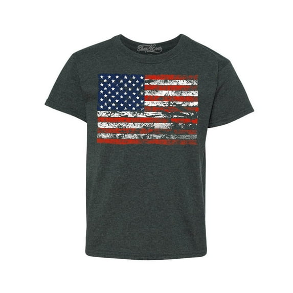 Shop4Ever Kids Distressed American Flag Horizontal USA Patriotic 4th of July Graphic Child's Youth T-Shirt X-Small Dark Heather