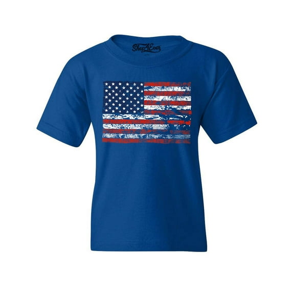 Shop4Ever Kids Distressed American Flag Horizontal USA Patriotic 4th of July Graphic Child's Youth T-Shirt X-Small Royal Blue