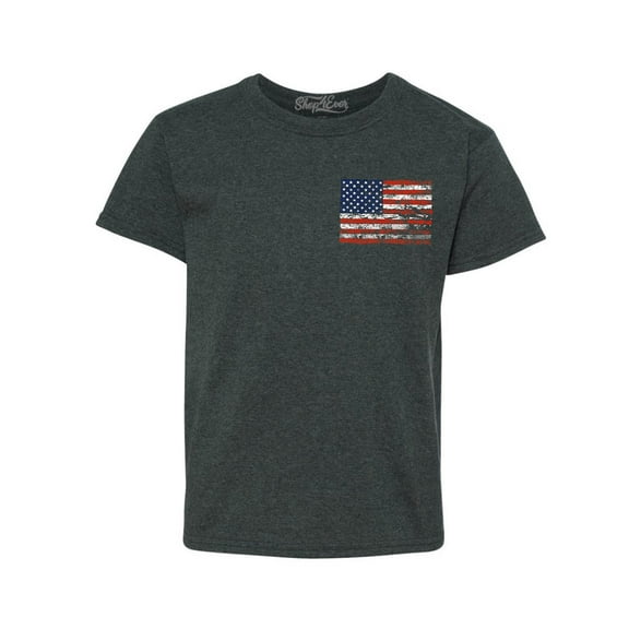 Shop4Ever Kids Distressed American Flag Pocket Size USA Patriotic 4th of July  Graphic Child's Youth T-Shirt Large Dark Heather