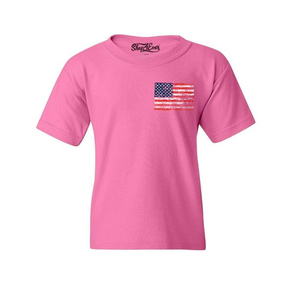 Shop4Ever Kids Distressed American Flag Pocket Size USA Patriotic 4th of July Graphic Child's Youth T-Shirt X-Large Azalea Pink