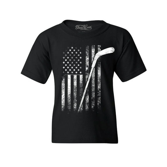Shop4Ever Kids Distressed Hockey American Flag Patriotic Sports Graphic Child's Youth T-Shirt Small Black