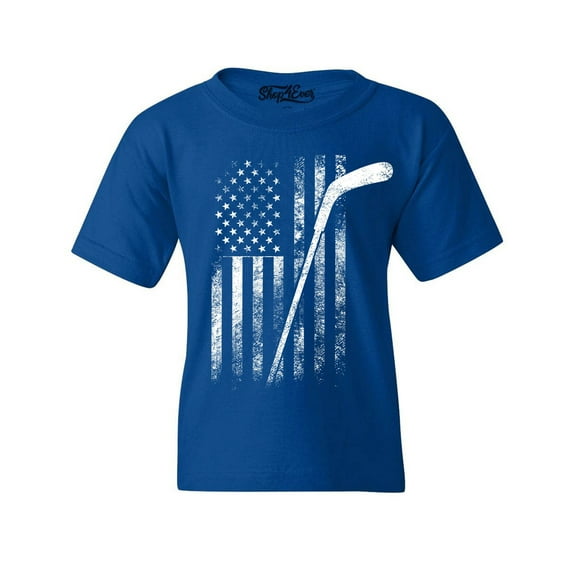 Shop4Ever Kids Distressed Hockey American Flag Patriotic Sports Graphic Child's Youth T-Shirt Small Royal Blue