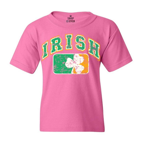 Shop4Ever Kids Distressed Irish Flag St. Patrick's Day Graphic Child's Youth T-Shirt Large Azalea Pink