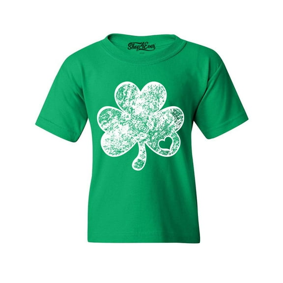 Shop4Ever Kids Distressed Shamrock Heart St. Patrick's Day Graphic Child's Youth T-Shirt X-Large Irish Green