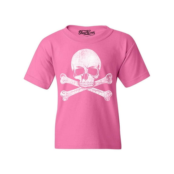 Shop4Ever Kids Distressed White Skull and Crossbones Graphic Child's Youth T-Shirt Large Azalea Pink