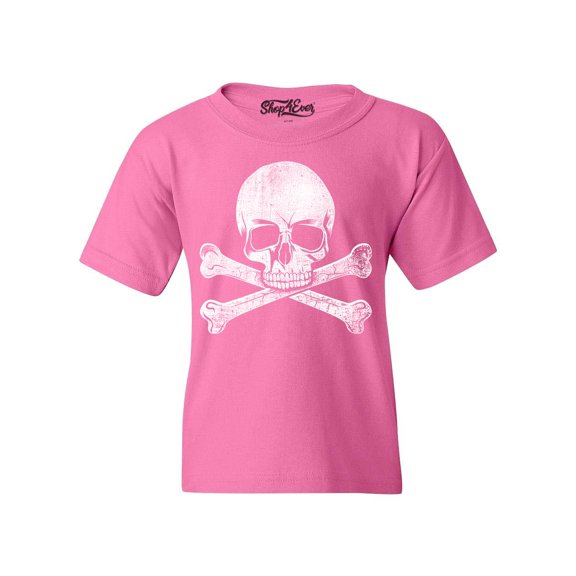 Shop4Ever Kids Distressed White Skull and Crossbones Graphic Child's Youth T-Shirt Medium Azalea Pink