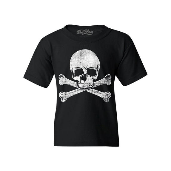 Shop4Ever Kids Distressed White Skull and Crossbones Graphic Child's Youth T-Shirt Small Black