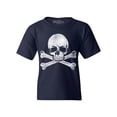 thumbnail image 1 of Shop4Ever Kids Distressed White Skull and Crossbones Graphic Child's Youth T-Shirt X-Large Navy Blue, 1 of 4