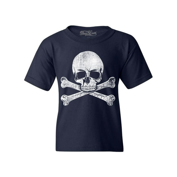 Shop4Ever Kids Distressed White Skull and Crossbones Graphic Child's Youth T-Shirt X-Large Navy Blue