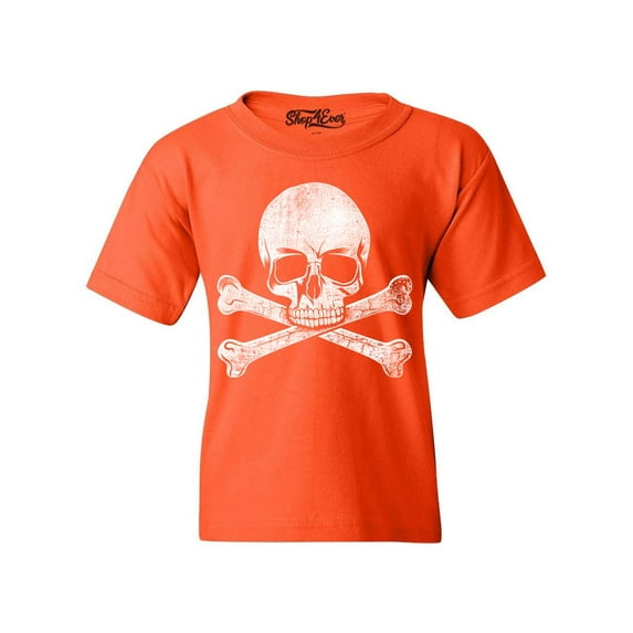 Shop4Ever Kids Distressed White Skull and Crossbones Graphic Child's Youth T-Shirt X-Small Orange