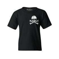 Shop4Ever Kids Distressed White Skull and Crossbones Pocket Size Graphic Child's Youth T-Shirt Large Black