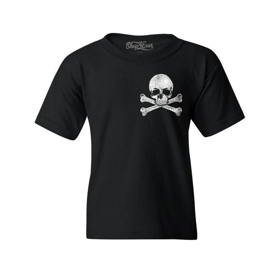 Shop4Ever Kids Distressed White Skull and Crossbones Pocket Size  Graphic Child's Youth T-Shirt Small Black