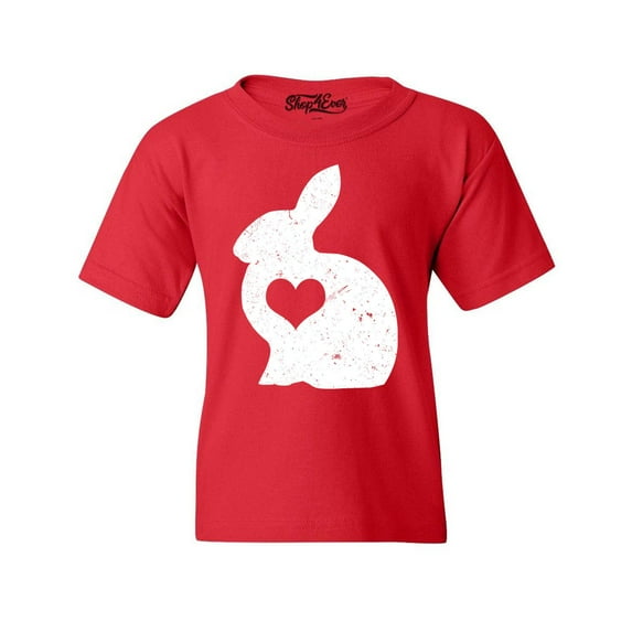 Shop4Ever Kids Easter Bunny Rabbit with Heart Graphic Child's Youth T-Shirt Medium Red