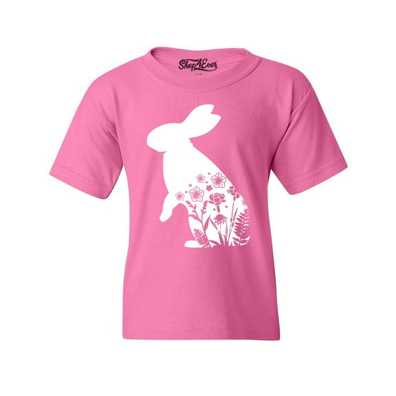 Shop4Ever Kids Easter Bunny Rabbit with Spring Flowers  Graphic Child's Youth T-Shirt Medium Azalea Pink