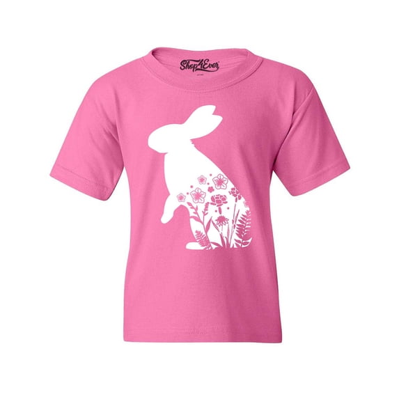 Shop4Ever Kids Easter Bunny Rabbit with Spring Flowers Graphic Child's Youth T-Shirt Medium Azalea Pink