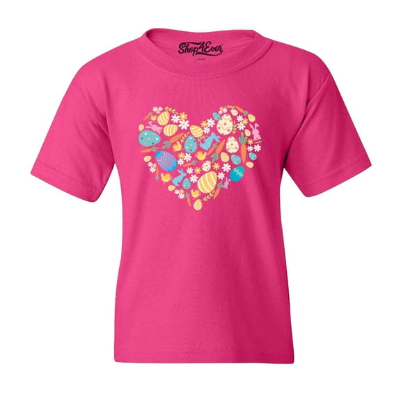 Shop4Ever Kids Easter Heart Bunny Carrot Daisy Spring Cluster Graphic Child's Youth T-Shirt X-Small Heliconia Pink