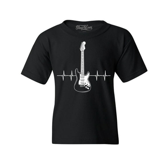 Shop4Ever Kids Electric Guitar Heartbeat Musician Graphic Child's Youth T-Shirt Small Black