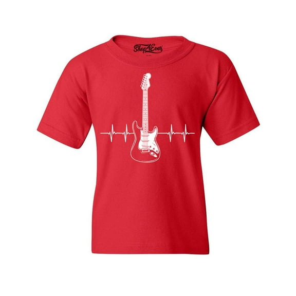 Shop4Ever Kids Electric Guitar Heartbeat Musician Graphic Child's Youth T-Shirt X-Small Red