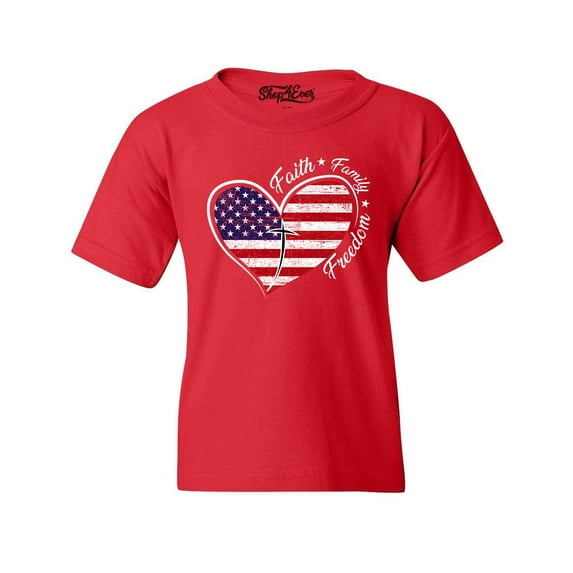 Shop4Ever Kids Faith Family Freedom American Flag Heart USA Graphic Child's Youth T-Shirt X-Small Red