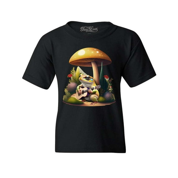 Shop4Ever Kids Frog Playing Guitar Mushroom Cottagecore Graphic Child's Youth T-Shirt Small Black